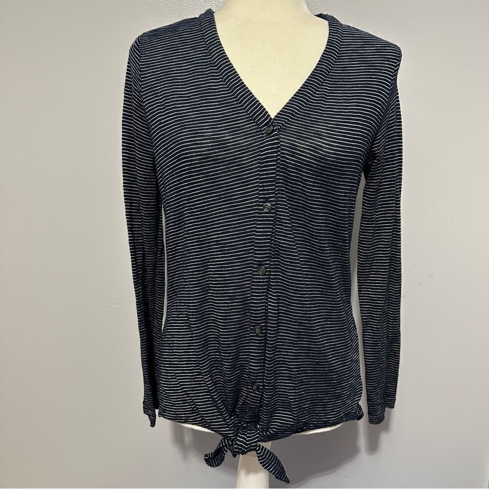 Loft blue and white striped long sleeve shirt with tie atāthe waist size M